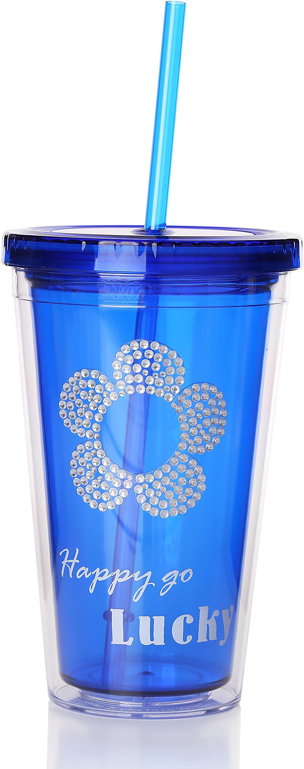 Wimem® Party Water Cold Tumblers with Strew and Lid , Beverage Bottle 16 Oz (Blue)