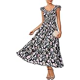 GRACE KARIN Women's Summer Floral Maxi Dress 2026 Ruffle Sleeve Smocked Sundress Flowy Wedding Guest Long Dresses with Pocket