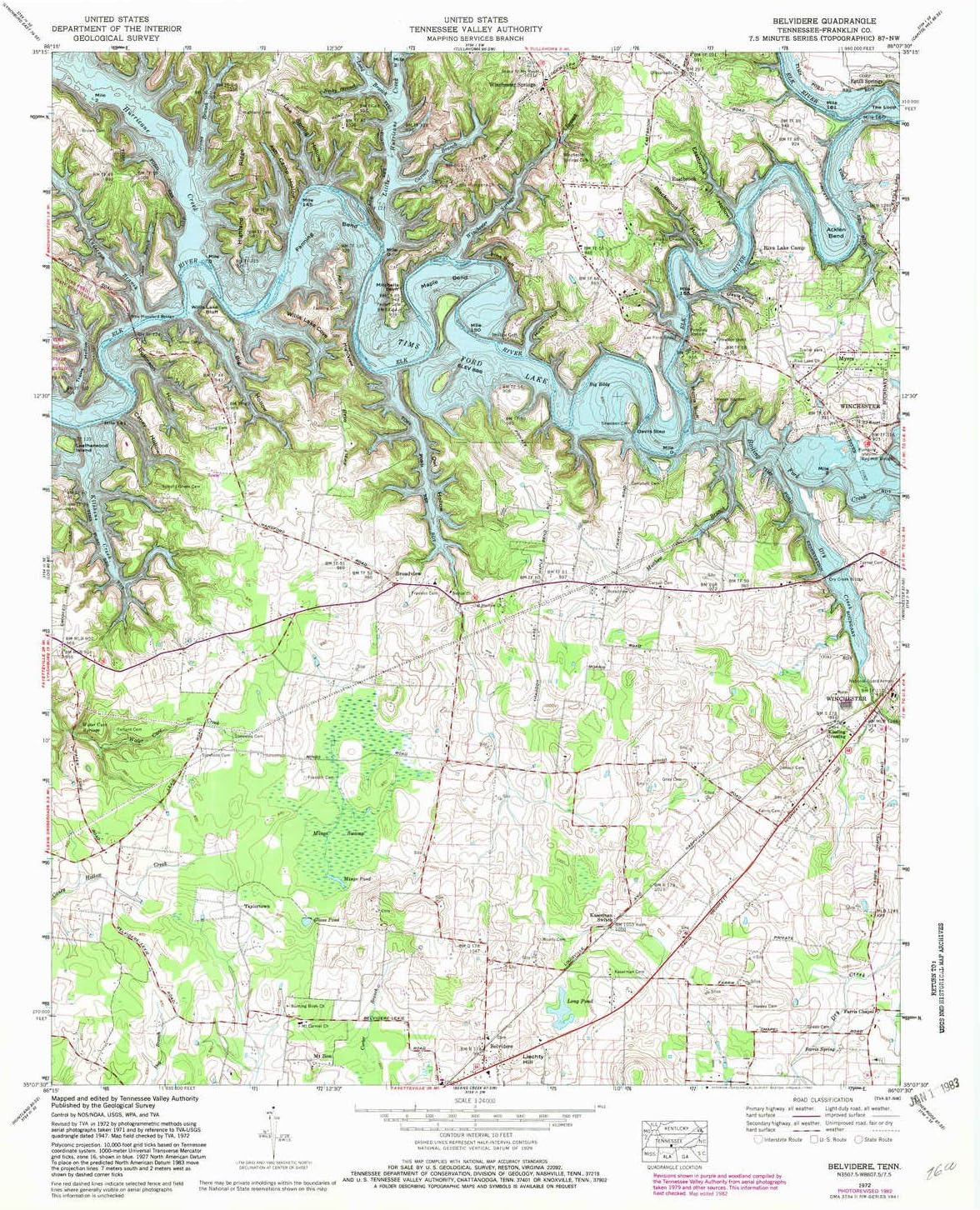 YellowMaps Belvidere TN topo map, 1:24000 Scale, 7.5 X 7.5 Minute, Historical, 1972, Updated 1982, 27.5 x 22 in
