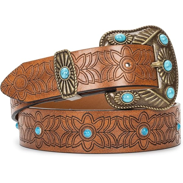 New Western turqouise belt buckle and floral PU belt 3 sizes available TRIWORKS Western Belts for Women Cowgirl,Cowboy Bling  main image 3
