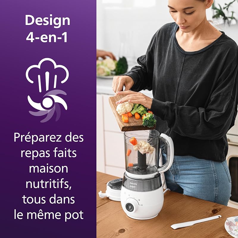 Philips Avent robot cuiseur-vapeur et mixeur Coffret cadeau - Robot cuiseur-mixeur 4 en 1 pour bébé, cuit à la vapeur, mixe, décongèle et réchauffe, avec pots de conservation, SCF883/20