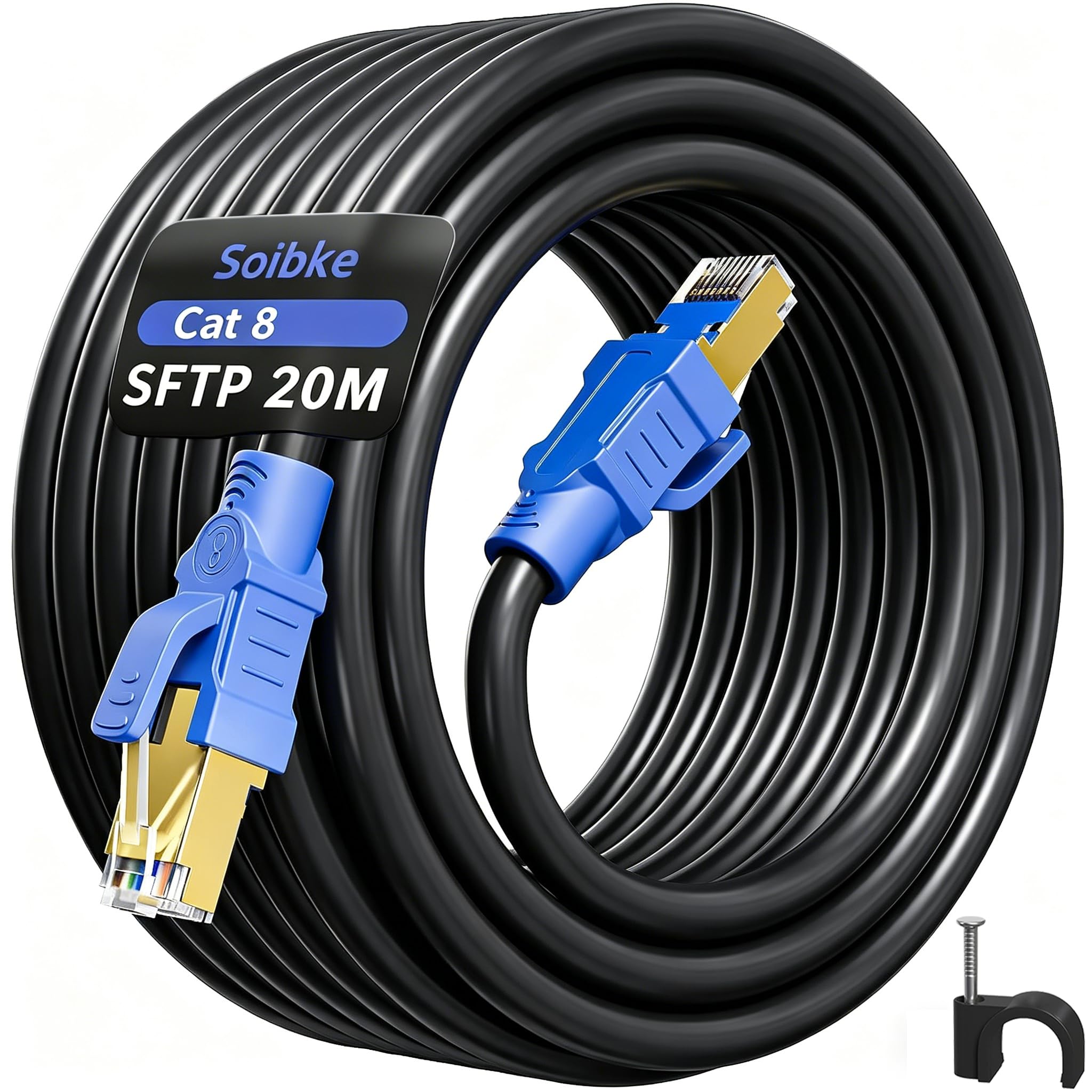 Cat 8 Ethernet Cable 20m Long Ethernet Cable 20m Outdoor Indoor Waterproof High Speed Internet Cable 40Gbps 2000Mhz SFTP Shielded Anti-Jamming Gold Plated RJ45 LAN Cable for Router/Modem (20Clips) — image 1