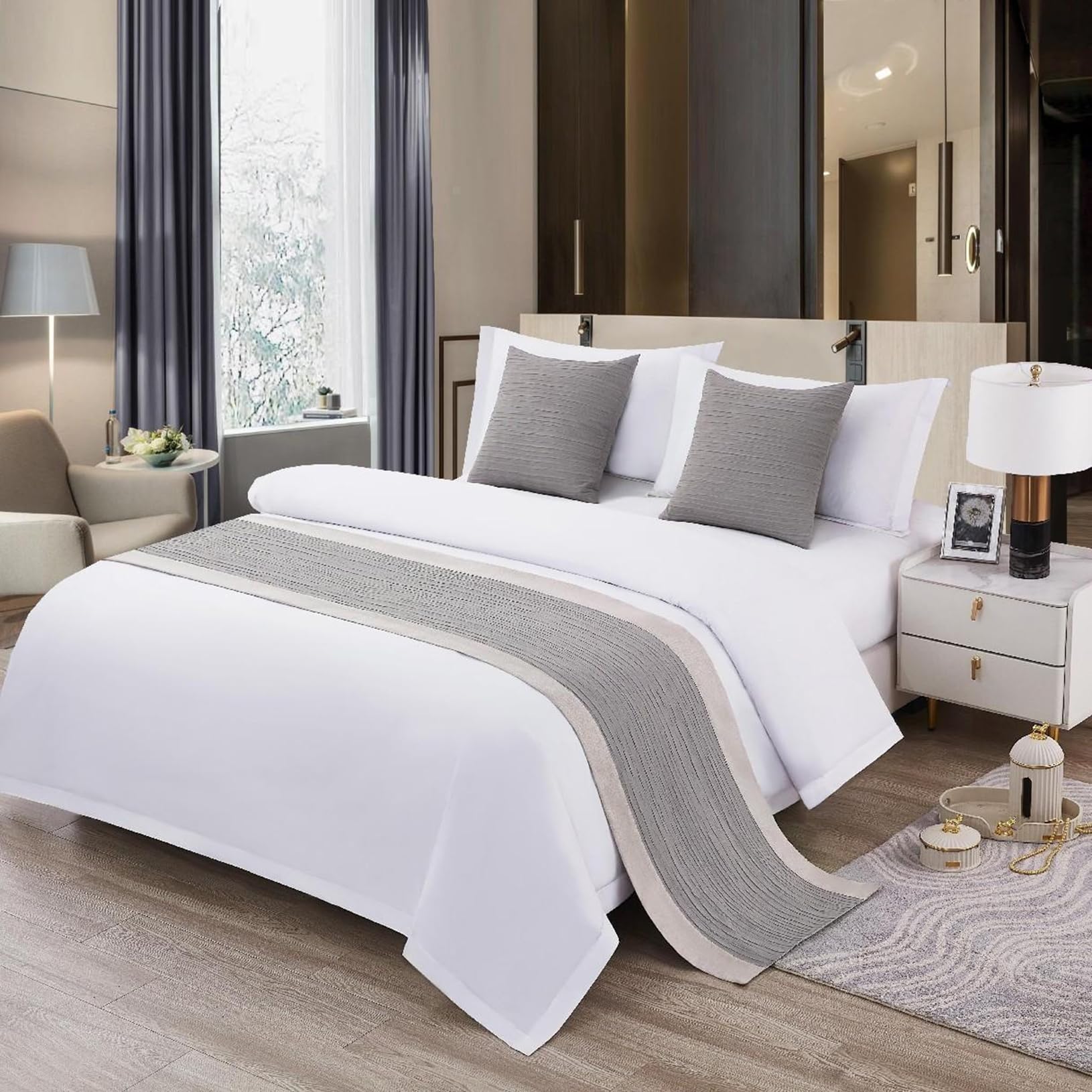TTiiLoe Hotel Bed Runner Double-sided Bed Cover, Cotton Linen Bed Scarves Bedspreads Throw Decor Protection, Light Grey, 50 * 260cm for 2m Bed