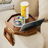 Tinamo Octagonal Acacia Sofa Arm Tray, Couch Armrest Table with Folding Arms - Armchair Caddy, Clip on Tray with Adjustable Arm Hinges for Home Sofa Living Room (Acacia, Octagon Phone Holder)