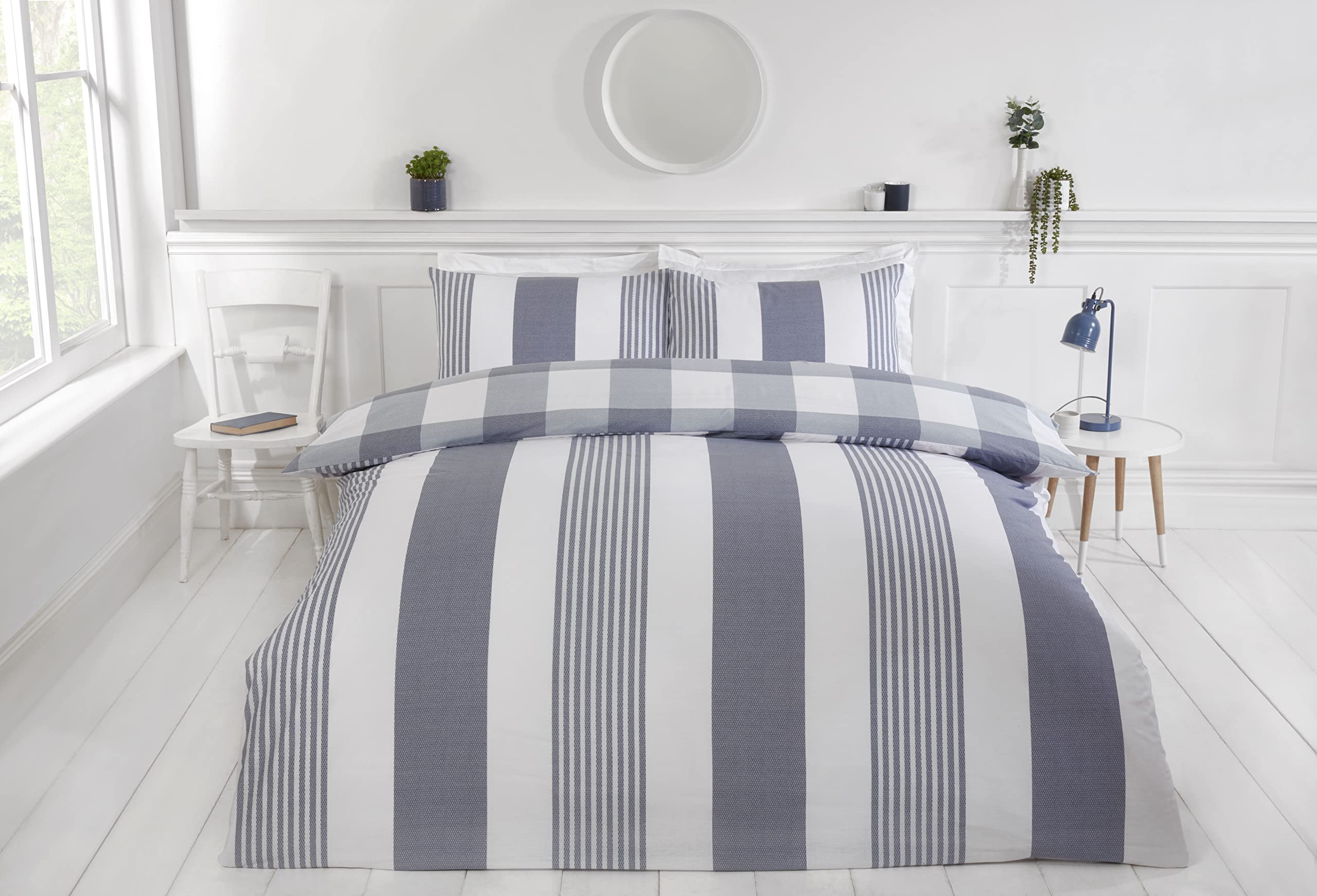 Rapport Home Furnishings Chambray Stripe Duvet Cover Set Reversible Bedding Bed Set Bed Linen (Super King, Denim)