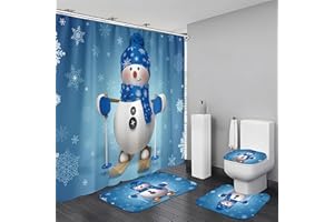 Chrainy 4Pcs Christmas Snowman Shower Curtain Sets with Rugs and Accessories Winter Snowflake Blue Bathroom Decor Set with Non-Slip Rugs Bath Mat Xmas Curtains for Bathroom Toilet with 12 Hooks