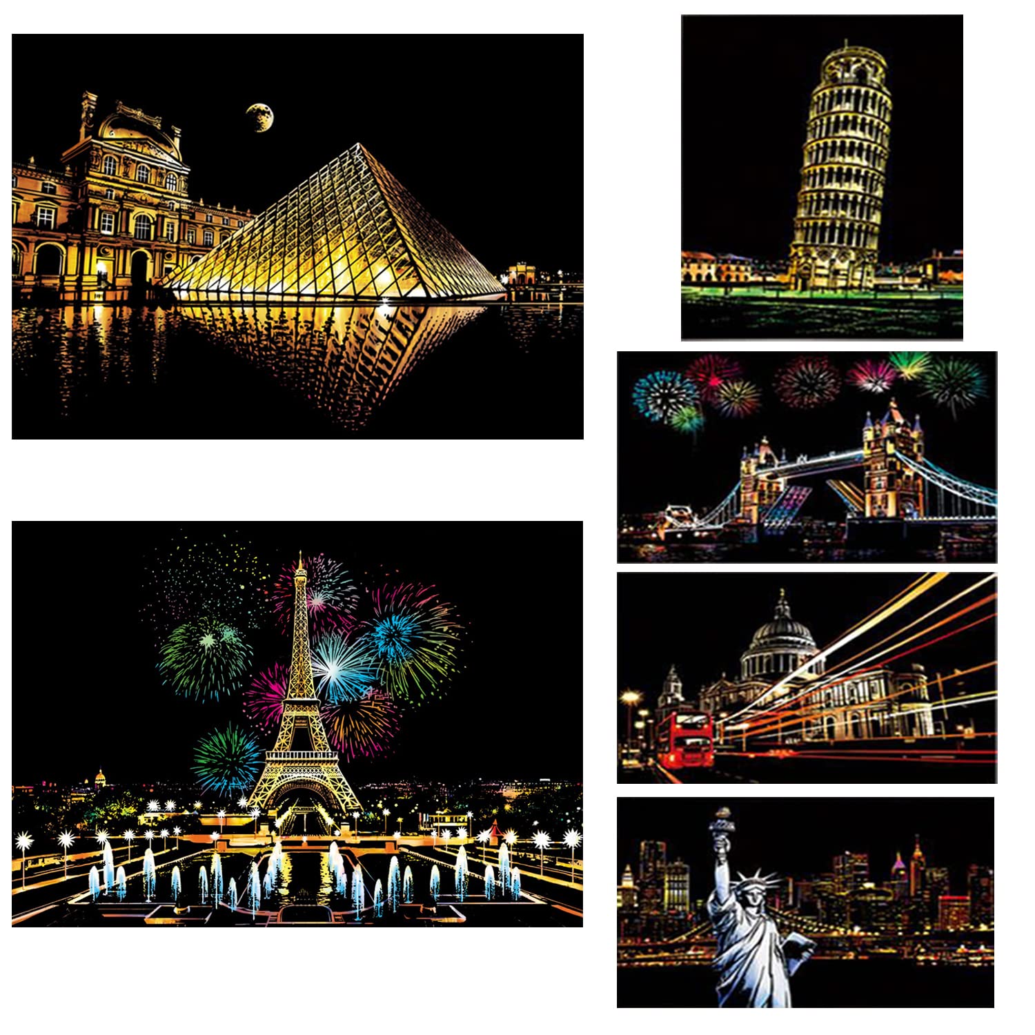 Georgie Porgy Scratch Art Paper Set DIY Arts Craft Sets for Kids Adults Magic Rainbow Scratch Painting Postcards for Christmas Birthday Gift with Scratching Tools Kit (A3-Paris + Louvre)