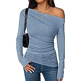 ZESICA Women's Long Sleeve Off Shoulder Tops Fall 2026 Casual Boat Neck Lace Slim Fit Going Out Y2k Shirts Blouses