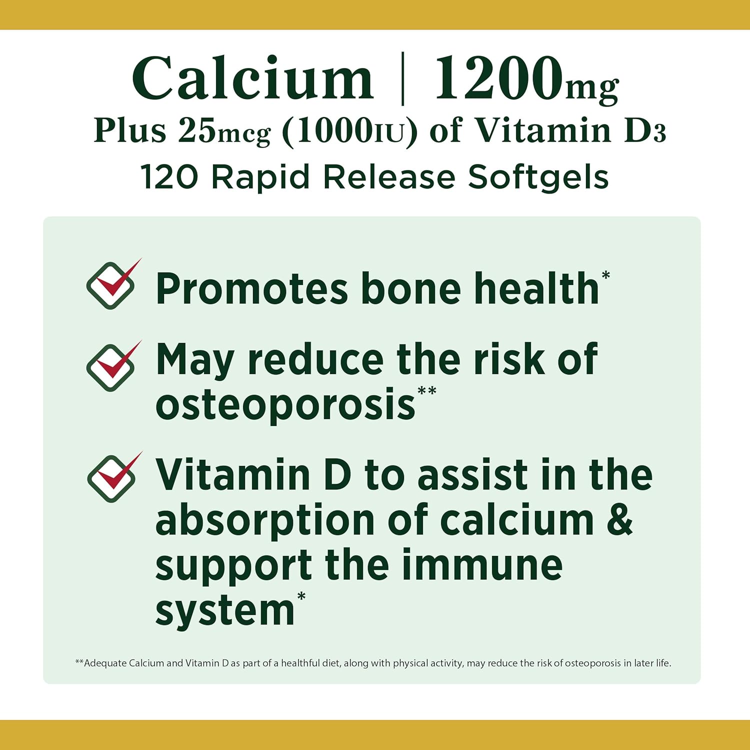 Calcium Carbonate & Vitamin D by Nature's Bounty, Supports Immune Health & Bone Health, 1200mg Calcium & 1000IU Vitamin D3, 120 Softgels: Health & Personal Care