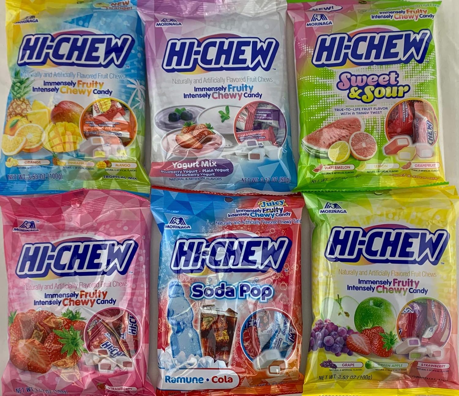 Hi Chew 6 Different Flavors Variety Pack (Tropical Mix, Sours, Strawberry, Original Mix, and Yogurt) (Pack of 6)