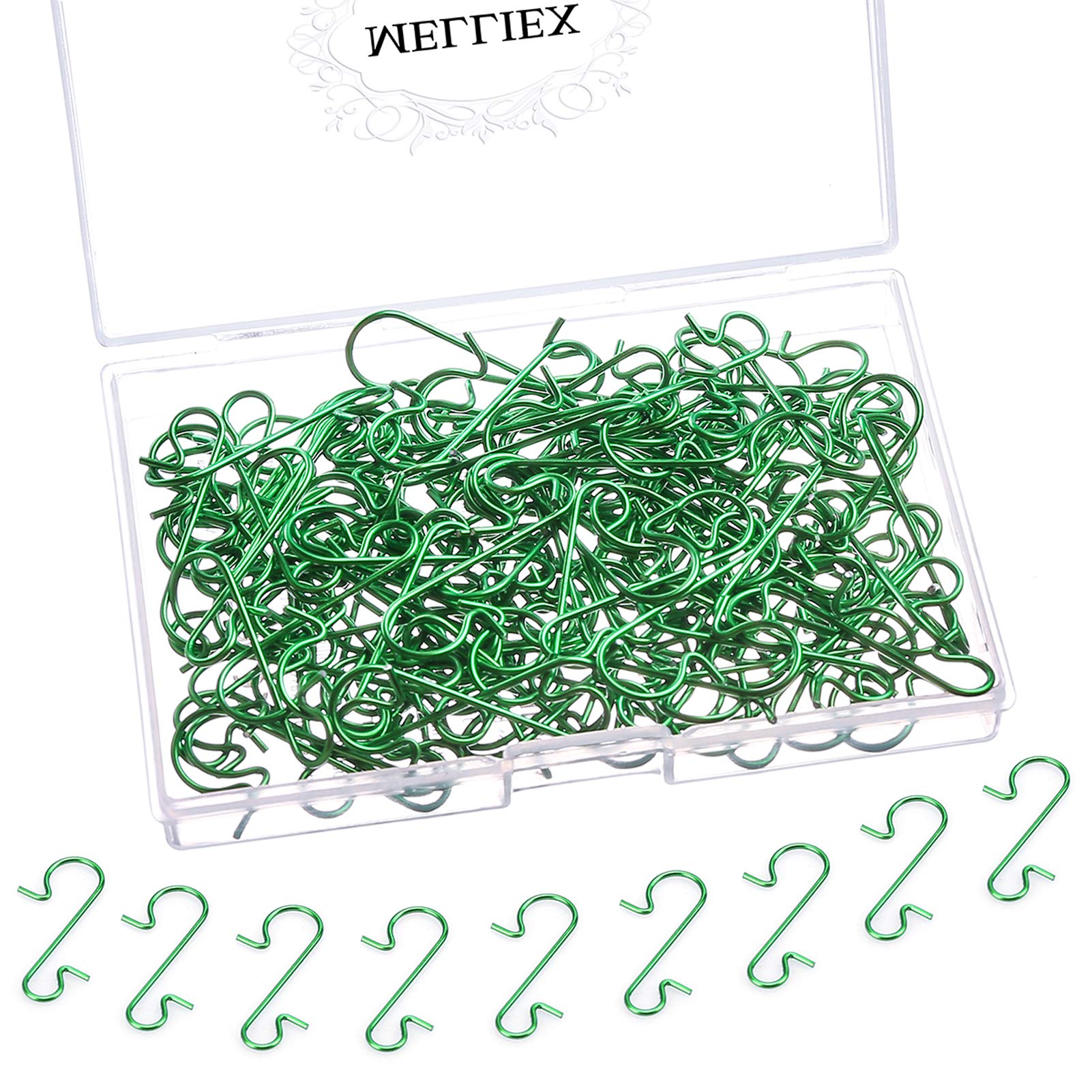 MELLIEX 120pcs Christmas Bauble Ornament Hooks S-Shaped Metal Hanger Mini Stainless Steel Hooks for Hanging Xmas Tree Decoration, Green
