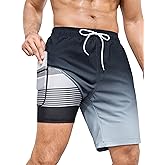 SILKWORLD Mens Swimming Trunks with Compression Liner 2 in 1 Quick-Dry 9" Swim Shorts with Zipper Pockets