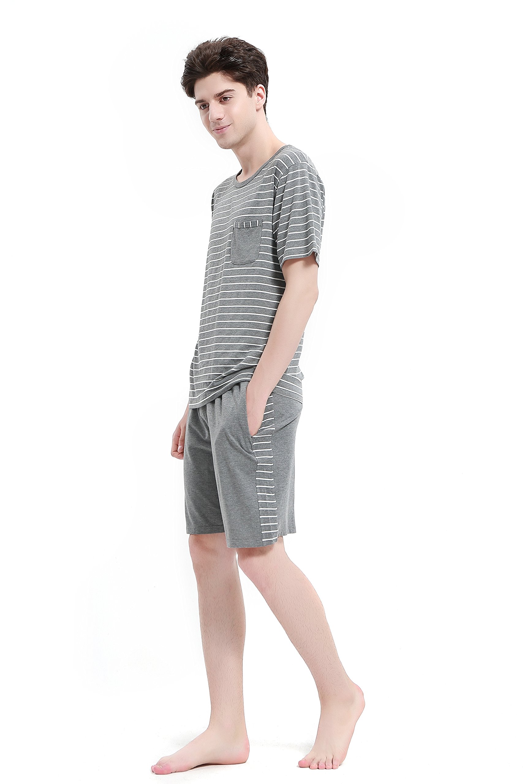Suntasty Men\'s Summer Sleepwear Striped Short Sleeve Pajama Shorts and Top Set(Grey,L,1001M)