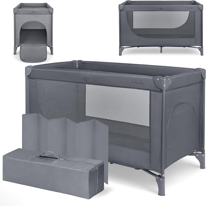 KikkaBoo Reisebett Baby SO Gifted 2026, Kinderreisebett 120x60 cm, bis 15 kg, Faltbar & Kompakt, Tragbar mit Transporttasche, Zusammenklappbar für Reise & Urlaub, Grau, Cot