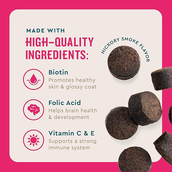 VETIQ MULTIVITAMIN SUPPLEMENT FOR DOGS, SUPPORTS ACTIVE BRAIN FUNCTION, IMMUNE SYSTEM, AND DIGESTIVE SYSTEM, HICKORY SMOKE FLAVORED DOG MULTIVITAMIN, MADE IN THE USA, 60 COUNT