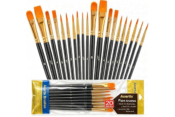 Black Paint Brushes, Aoartix 20 Pcs Round Pointed Tip Artist Paint Brushes | Professional Brushes Set for Acrylic Oil Waterco