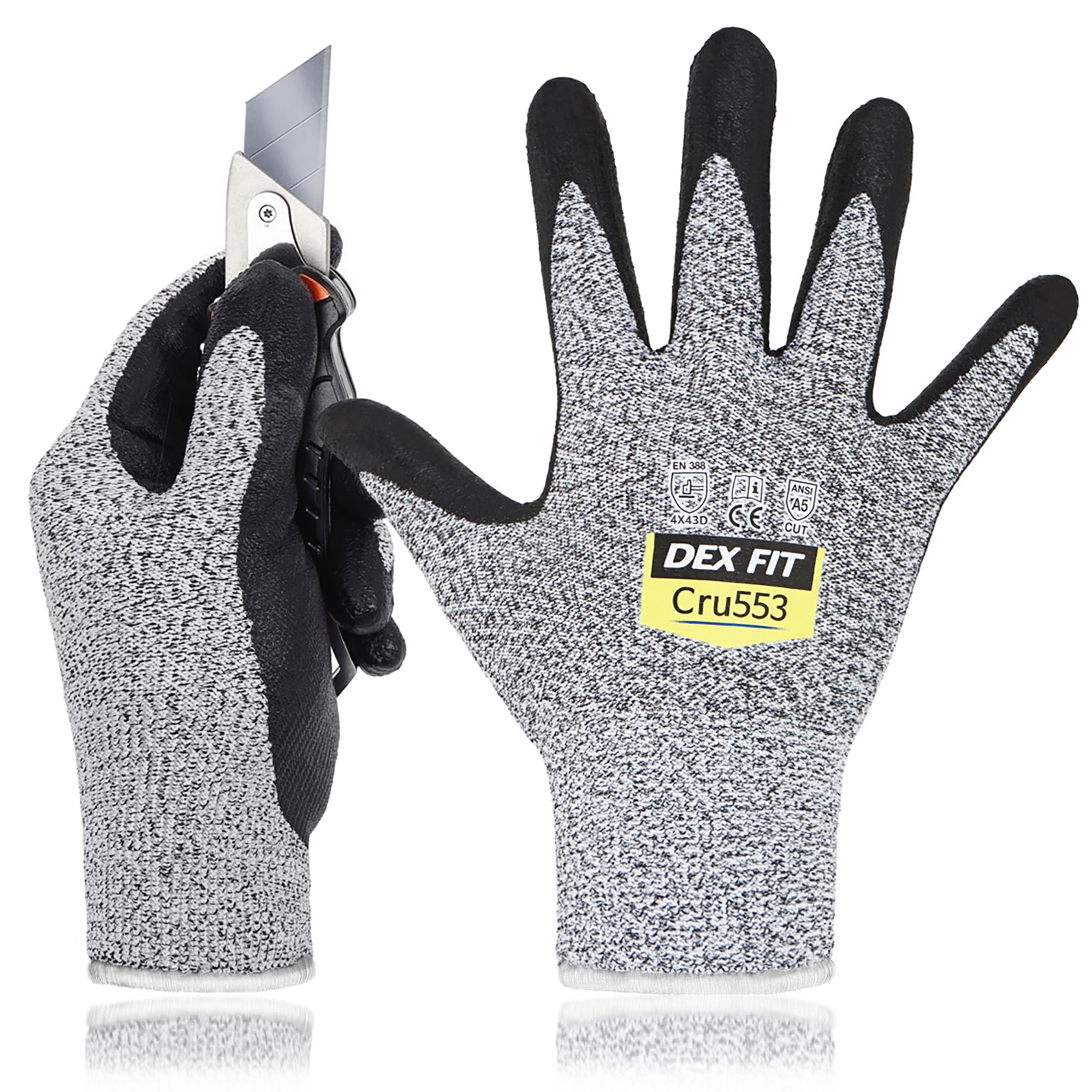 DEX FIT Level 5 Cut Resistant Gloves Cru553, 3D-Comfort Stretchy Fit, Power Grip, Professional Grade, Thin, Touch-Screen Compatible, Durable, Machine Washable, Itch-Free, Grey 7 (S) 3 Pairs