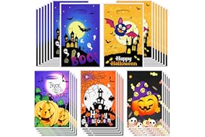 Outus 100 Pieces Halloween Goodie Bags Bulk for Trick or Treat Plastic Candy Snacks Cookie Gift Bag with Handle, Halloween Trick or Treat Candy Bags for Event Party Favor Supplies