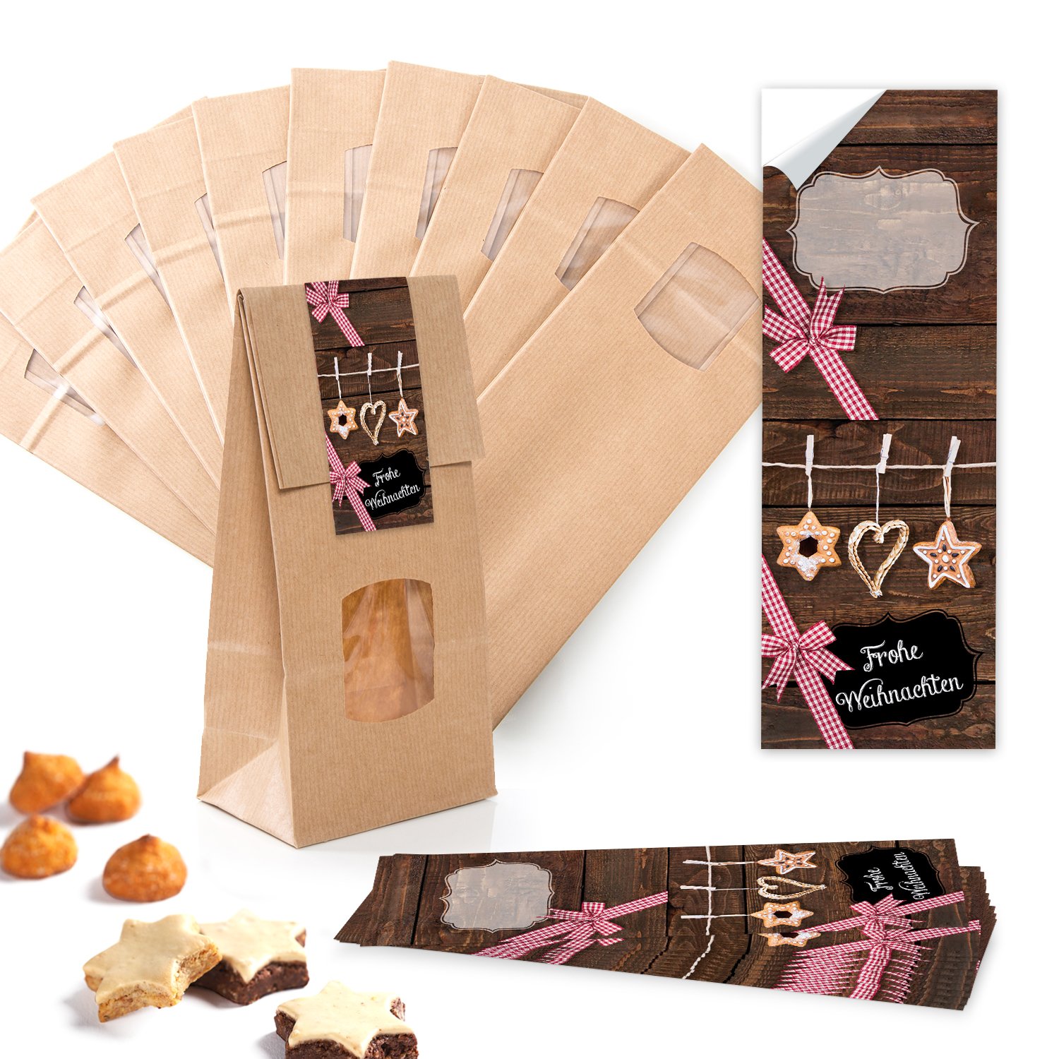 10 Pack of Small Brown Block Bottom Bags with Window and Inserts (10.5 x 6.5 x 29 cm/10 Sheets Red White Checkered Vintage Merry Christmas Christmas Stickers Pendant – Paper Bag