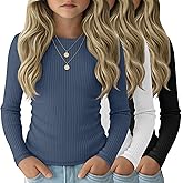 LessonZoo 3 Pack Girls Long Sleeve Shirts Cotton Ribbed Knit Ruched Layer Tops Slim Fit Casual Undershirts Crewneck Tees