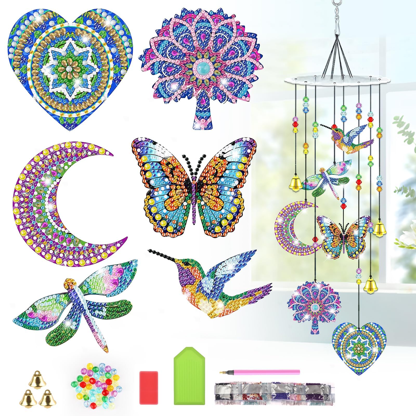 Lxmsja Mandala Diamond Art Painting Wind Chimes for Garden, Diy Hanging Crystal Suncatcher, Diamond Painting Kits for Adults Kids, Mosaic Kits for Adults, Wind Chimes Indoor Outdoor Home Decor