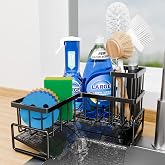 Fikoksol Large Sponge Holder for Kitchen Sink, 90-Degree Sink Caddy Storage | Self Draining Sponge Rack for Countertop, Metal L-Shaped Dish Soap Organizer with Brush Holder, Corner Sink Storage Ideas