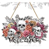 Huwena Halloween Wreaths for Front Door Sign Wooden Skull Rose Door Hanger Decoration Horror Skeleton Welcome Front Wreath Sign for Halloween Indoor Outdoor Decorations Party Supplies