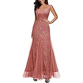 Miusol Women's Elegant V Neck Sleeveless Sequin Lace Evening Party Dress