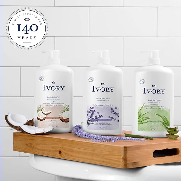 IVORY BODY WASH, DESIGNED FOR THE WHOLE FAMILY, GENTLE FORMULA, FREE OF DYES HEAVY PERFUMES PARABENS PHTHALATES & SILICONES, COCONUT SCENT, 35 OZ