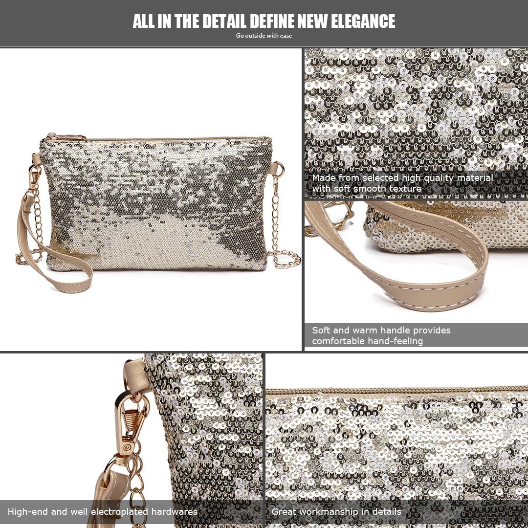 Miss Lulu Mini Crossbody Bag for Women Clutch Chain Shoulder Bag Evening Party Shining Sequins Light Gold - Image 5