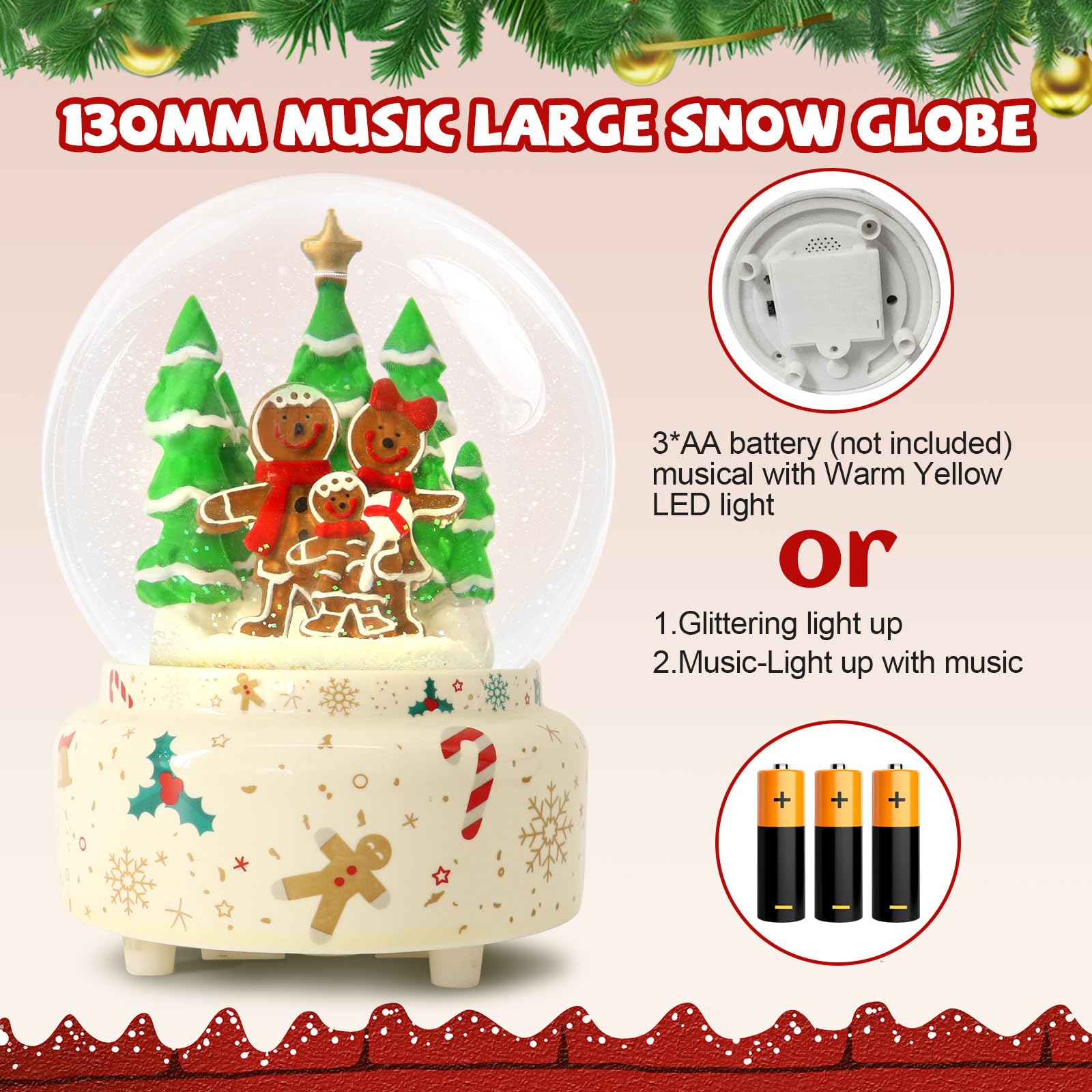 GIYBIGM 6.5Inch Height Christmas Snow Globe with Gingerbread Man House on Ceramic Base LED Light Musical Snowflakes Holiday Decoration, Holiday Home Decor, Large Water Globe.