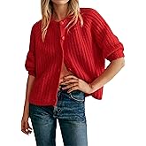 Women's Casual Puff Long Sleeve Crew Neck Cardigan Button Down Open Front Knit Loose Sweater Outwear