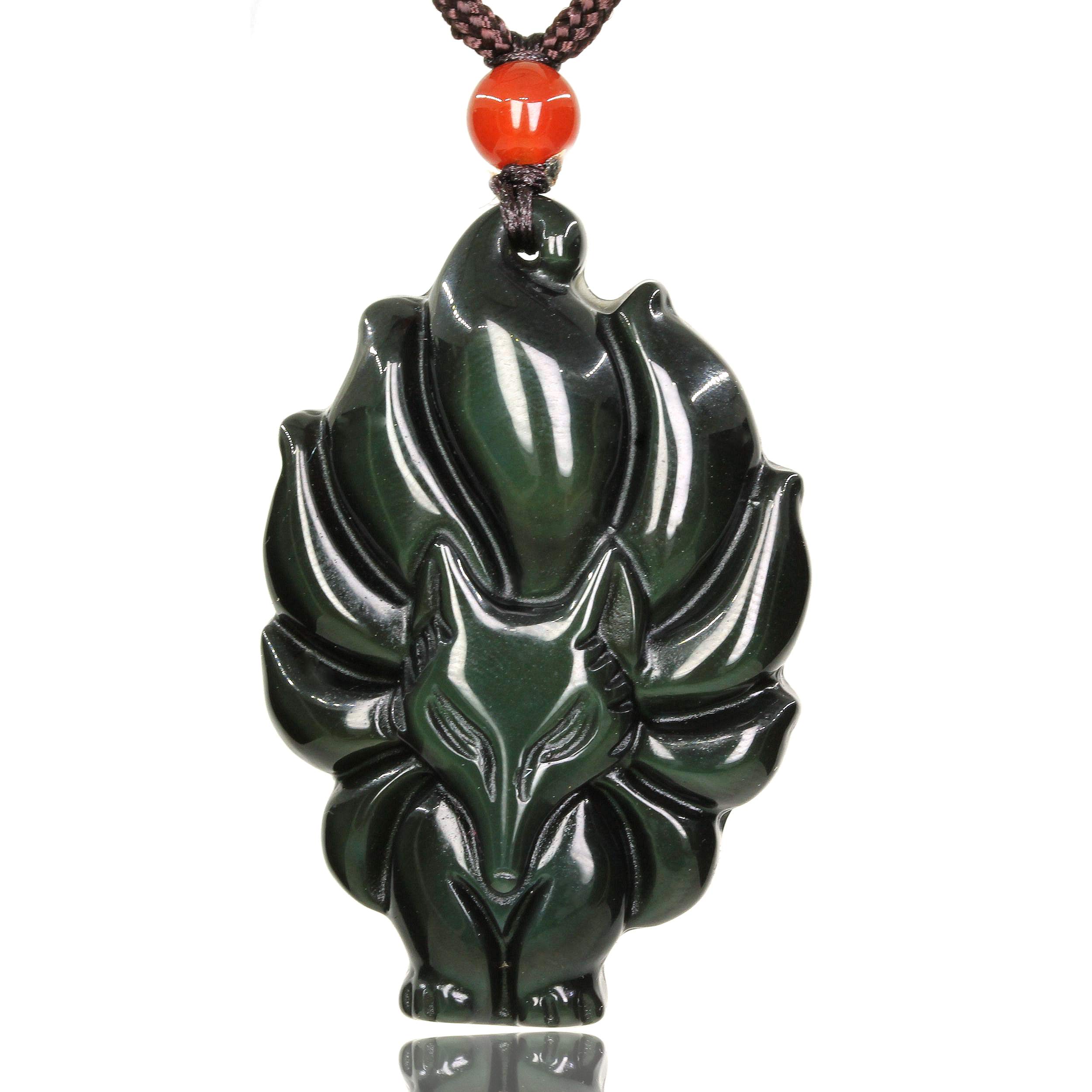 CHENYUE Hand Carved Natural Gemstone A Grade Rainbow Green Obsidian Nine-Tailed Fox Pendant Charm Reiki Necklaces