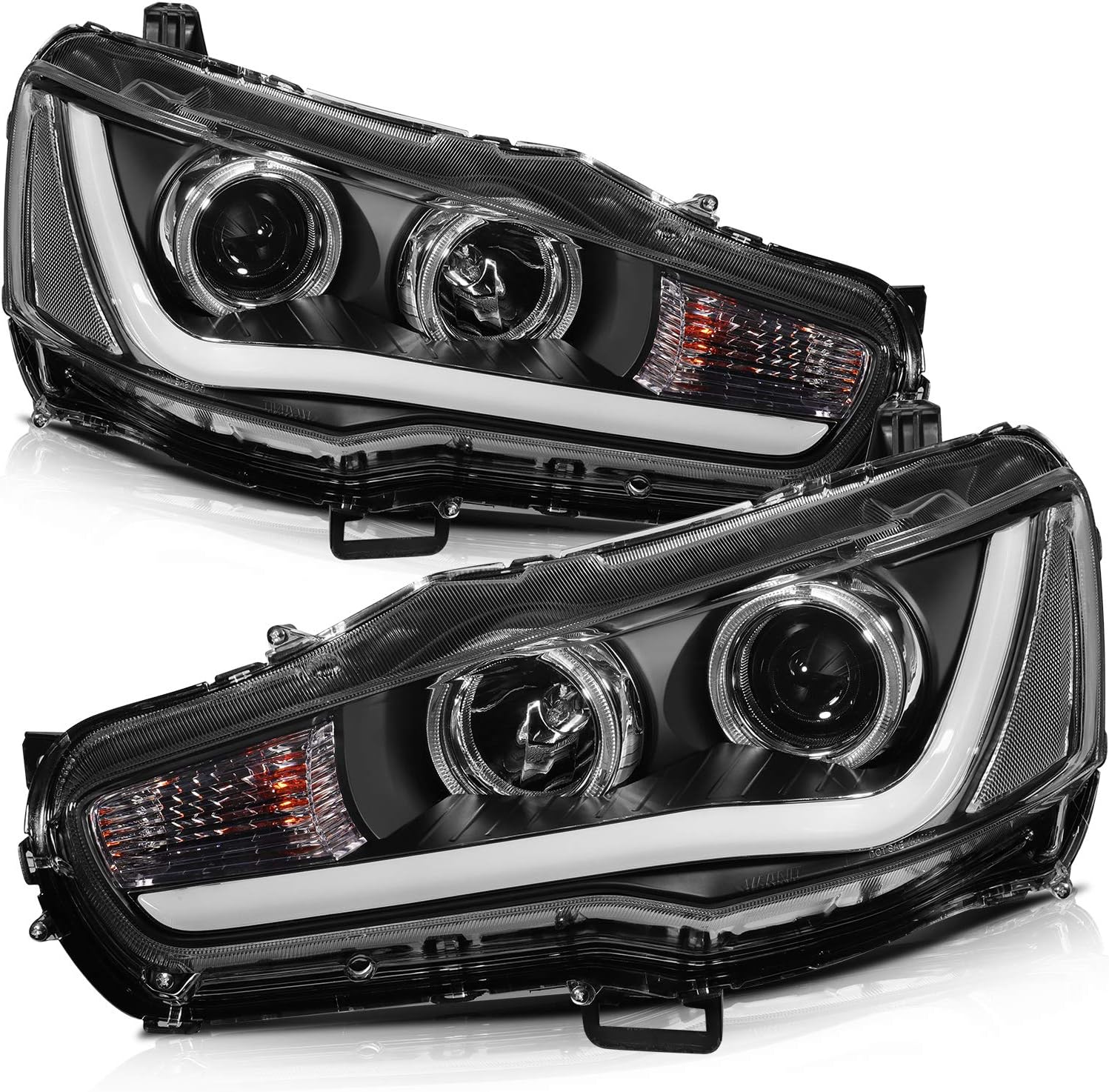 LBRST Headlight Assembly with Projector For Mitsubishi Lancer 2008-2017 Black Housing Amber Reflector Clear Lens Driver and Passenger Side Headlamp