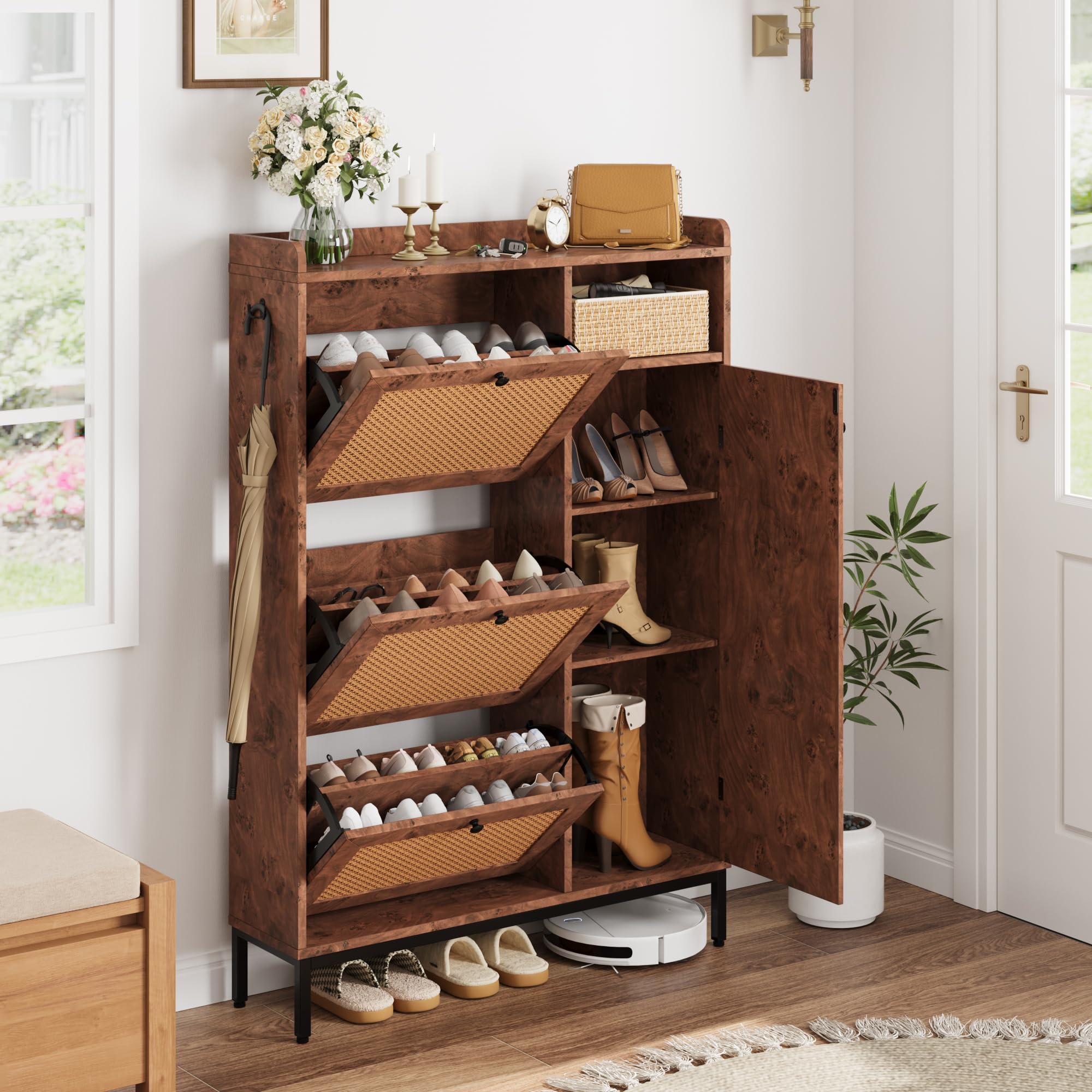 Photo 1 of ***PARTS ONLY***
GarveeHome Shoe Cabinet Rattan with 3 Flip Drawers and 4-Tier Shoe Storage Cabinet, Freestanding Shoe Organizer with Adjustable Shelves for Entryway, Closet, Hallway (Tree Pomegranate)