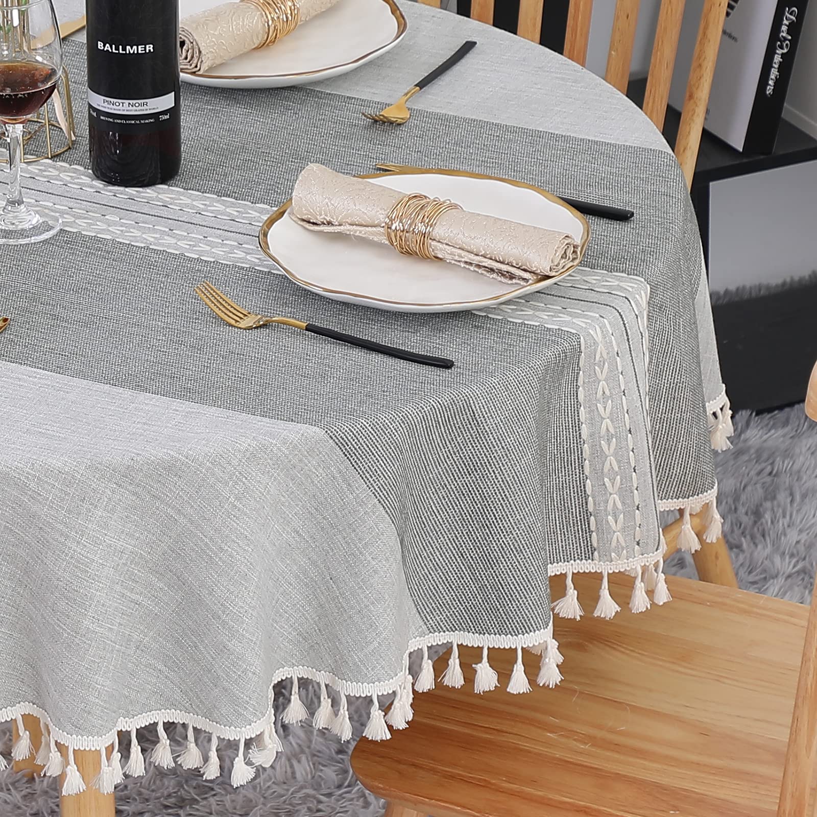 SUCHDECO Linen Tablecloth Round 140cm Grey Table Cloth Cotton Wrinkle-Free Washable Table Cover, Dust-Proof with Tassels, Stripe Embroidery for Kitchen, Dining Room, Party, Coffee Table
