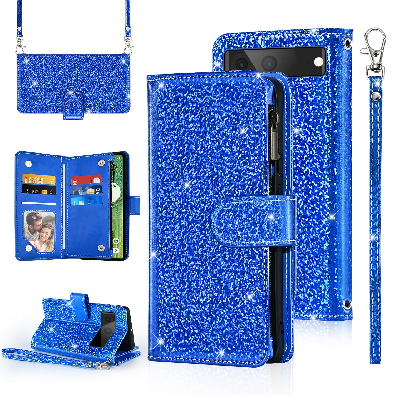 Photo 1 of Furiet Polka dots Wallet Case for Google Pixel 7 5G with Wrist Strap Shoulder Strap Zipper Flip Purse, Sparkly Glitter Credit Card Holder Stand Cell Phone Cover for Pixel7 Pixle Seven 6.3 Women Blue