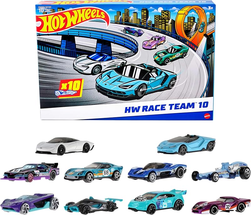 – Set da 10 auto da corsa (Un set a sorpresa tra stili assortiti), include Corvette, Lamborghini, McLaren e veicoli originali collezione die-cast 1:64, giocattolo 3+, HYM96