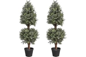 momoplant 35Inch-3' Ice Cream Ball Artificial Plants Tree Shaped Boxwood Topiary Cone Topiaries Bushes Ball Potted Fake Plants Outdoor/Indoor Decor（Set of 2）