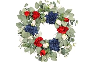 Pudate 22IN Spring Summer Wreath Patriotic Wreath with Dahlia, Peony, Eucalyptus Leaves. Ivy for Front Door Wall Decor Indoor Outdoor