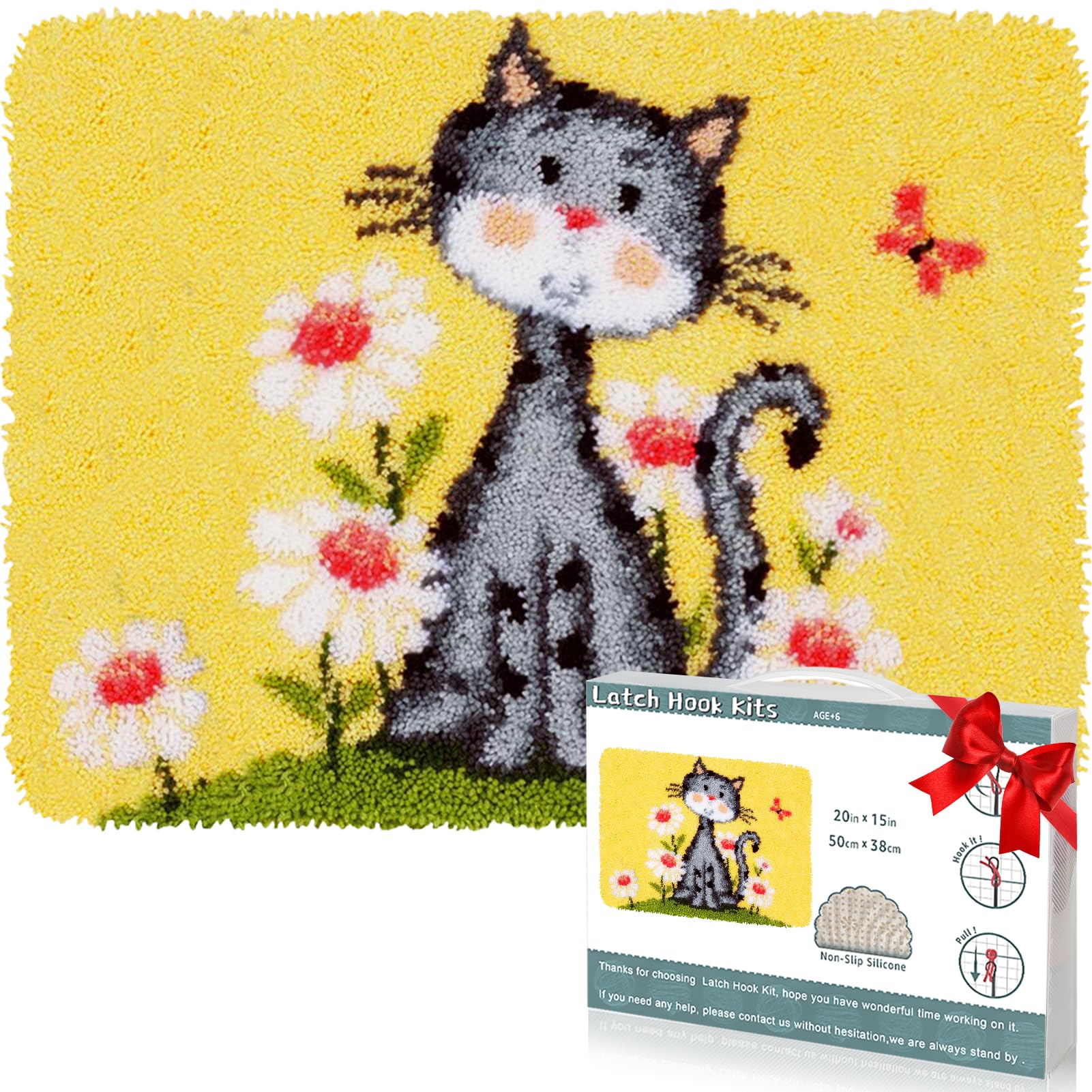 EsLuker.ly Latch Hook Rug Kits for Adults Kids Beginners DIY Crochet Rug Making Kit with Printed Cats Patterns Canvas Yarn Carpet Embroidery Crafting Arts, 20×15 Inch (Cat and Flower)
