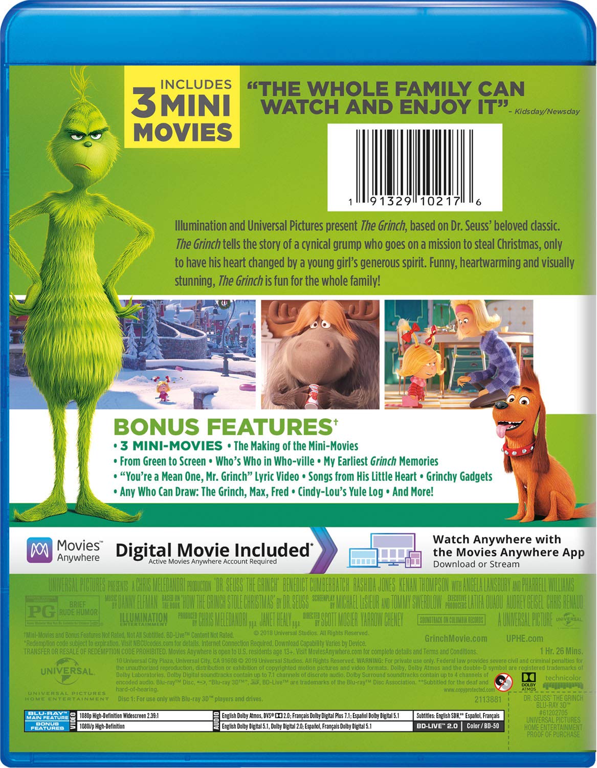 Amazon Com Illumination Presents Dr Seuss The Grinch Blu Ray Benedict Cumberbatch Rashida Jones Kenan Thompson Cameron Seely Angela Lansbury Pharrell Williams Scott Mosier Yarrow Cheney Chris Meledandri Janet Healy Michael Lesieur