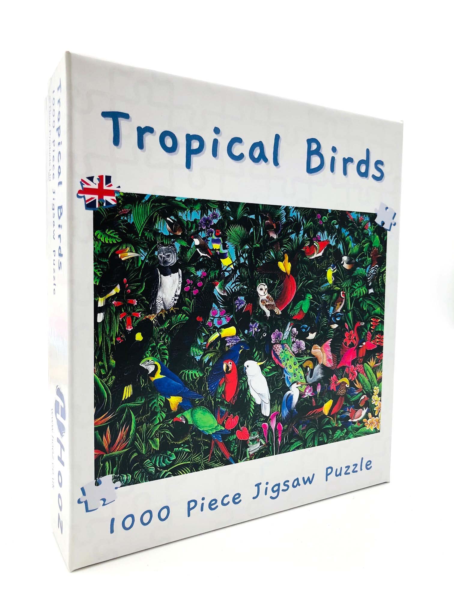Hooz ‘Tropical Birds’ jigsaw for adults and older children - 1000 Piece Jigsaw Puzzle featuring colourful birds, tropical flowers and foliage and the odd frog or two! Made in the UK.