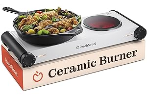 PEACH STREET Electric Double Stovetop Cooking Hot Plate 1200W Infrared 7.3/4" Glass Ceramic Portable Stove Burners Cool Touch Handle Cooktop Keeps Food Warm Temperature Controls Electric Burner for Kitchen, Dorm