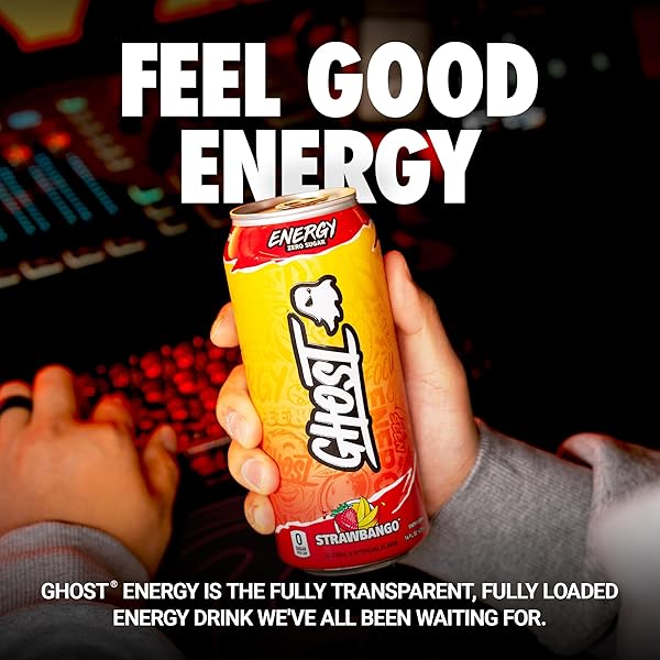 GHOST ENERGY DRINK – 12-PACK, STRAWBANGO, 16OZ – ENERGY & FOCUS & NO ARTIFICIAL COLORS – 200MG OF NATURAL CAFFEINE, L-CARNITINE & TAURINE – GLUTEN-FREE & VEGAN