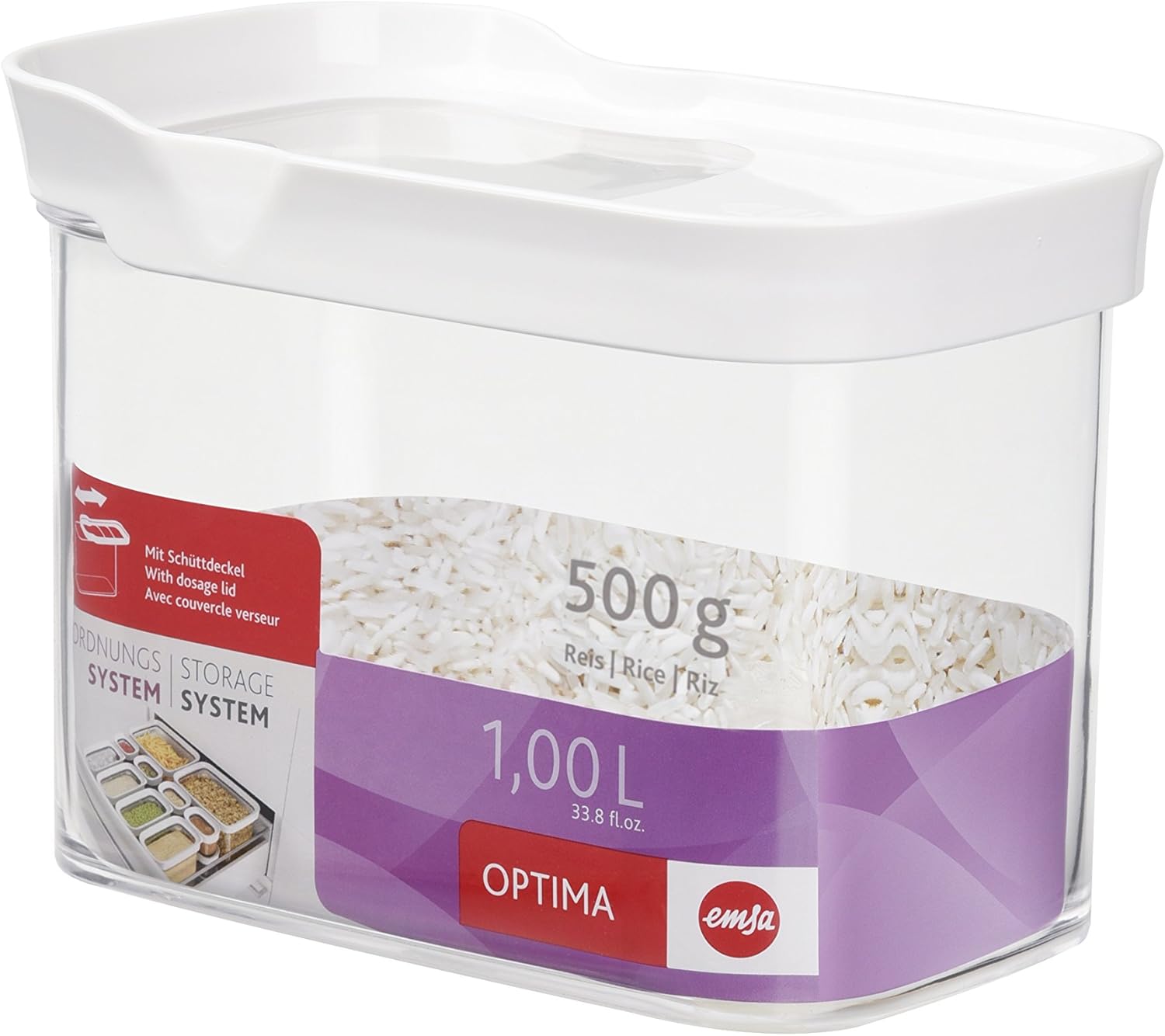 Emsa Schüttdose mit Schiebedeckel, rechteckig, 1,00 L Schttdose/Trockenvorratsdose Optima, 1,0 Liter, Plastik, transparent/weiß, 16 x 9,9 x 12,5 cm