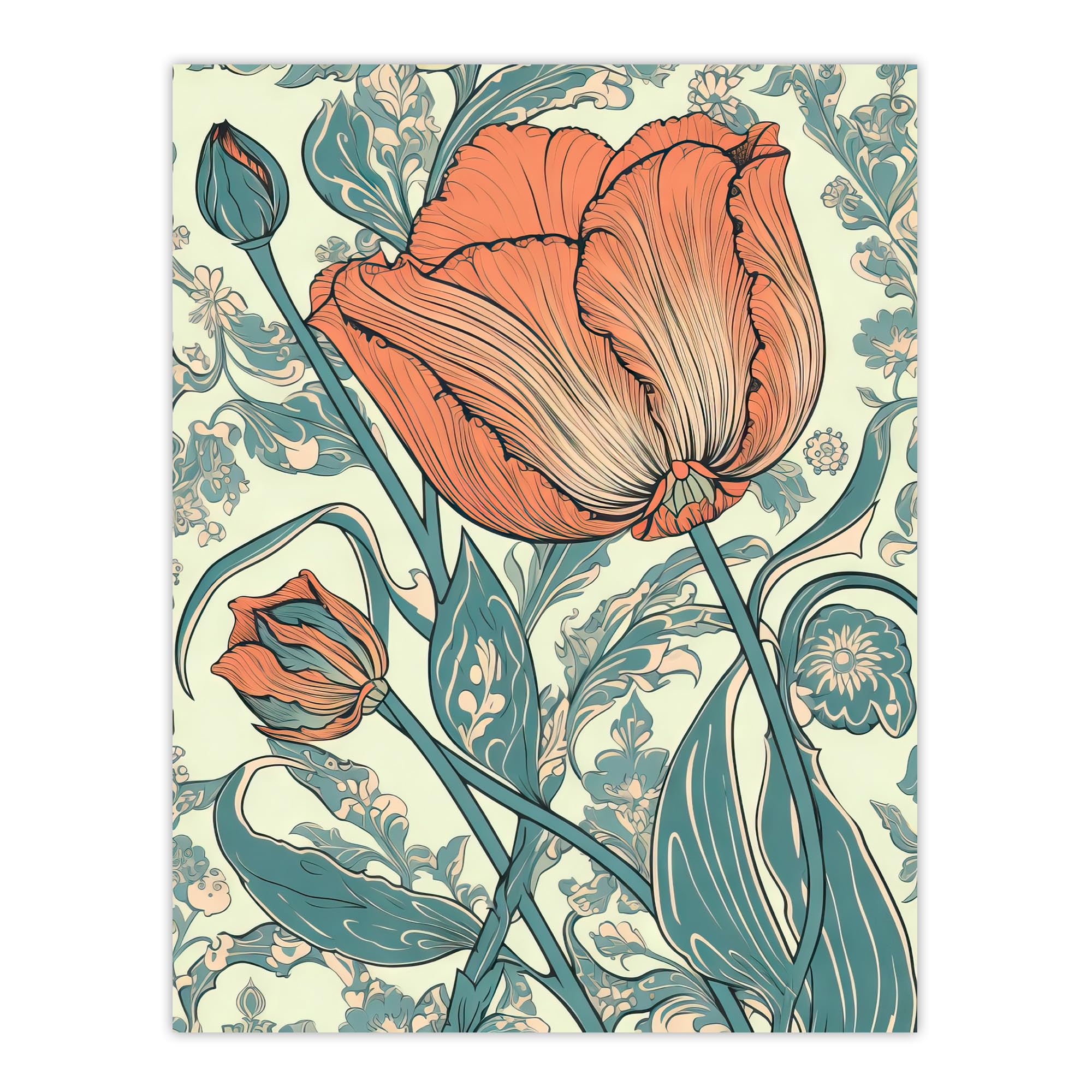 Artery8 Tulip Flower Pattern Detail William Morris Style Painting Teal Blue Coral Pink Spring Blooms Nature Colourful Bright Floral Modern Artwork Extra Large XL Wall Art Poster Print