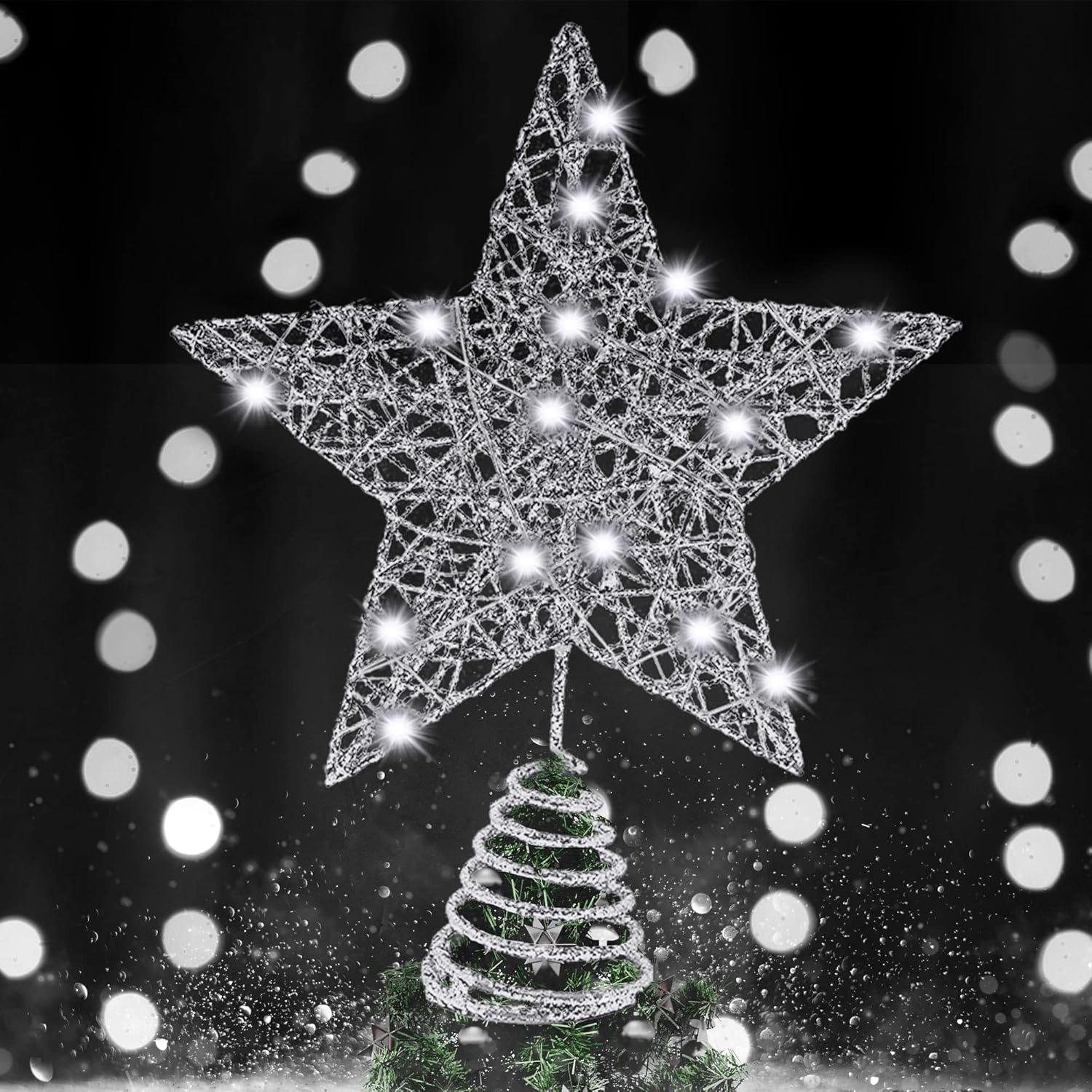 Tree Toppers - Glitter, Lighted Christmas Star Tree Topper - 8 Inch, Silver Star Christmas Tree Topper | Star Christmas Tree Ornament for Christmas Decorations | Christmas Tree Toppers | Christmas Tree Decorations