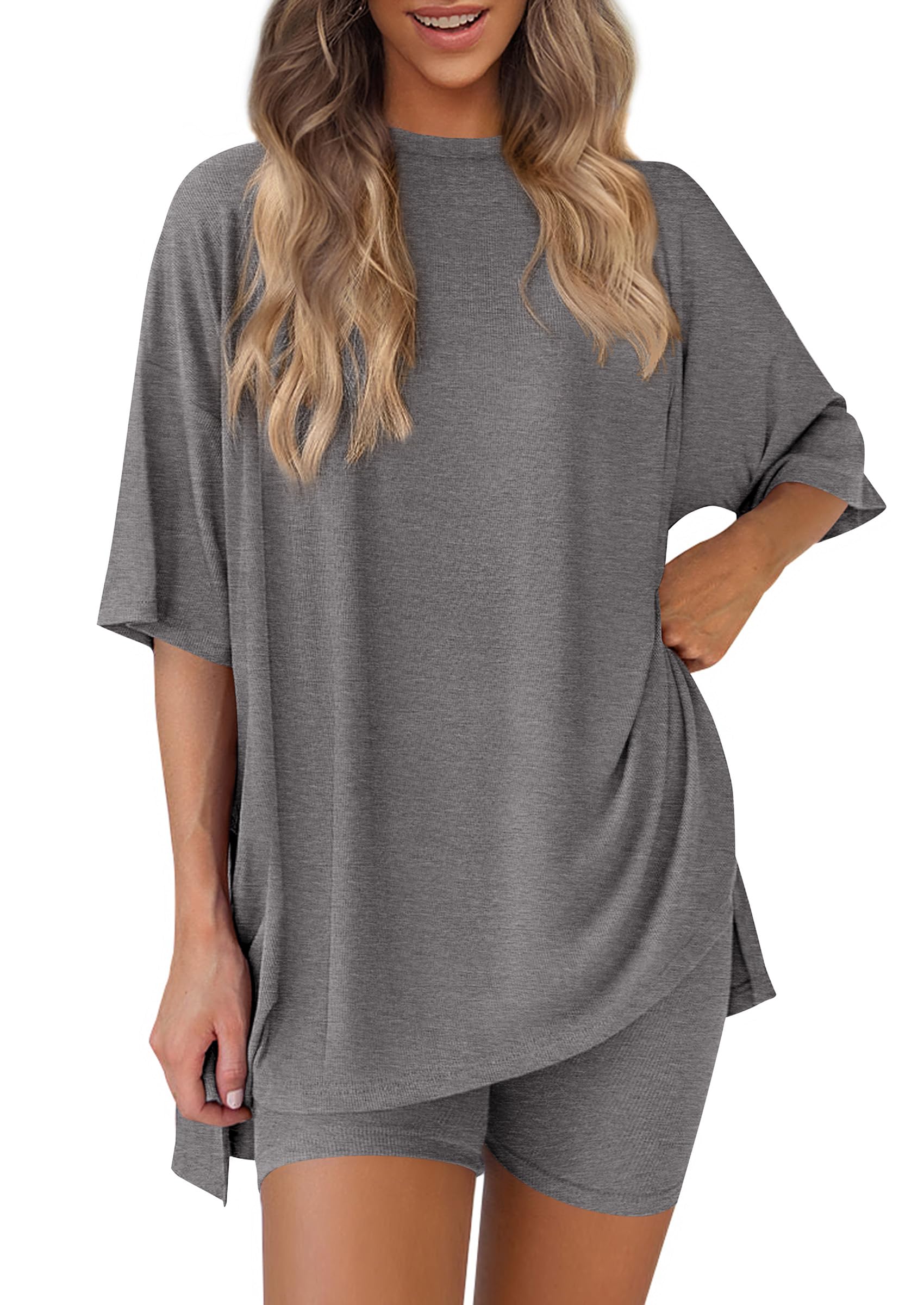 Photo 1 of PRETTYGARDEN Women's Two Piece Lounge Set 2025 Summer Casual Oversized Shirts Biker Shorts Matching Airport Travel Outfit (Dark Grey,Small)
