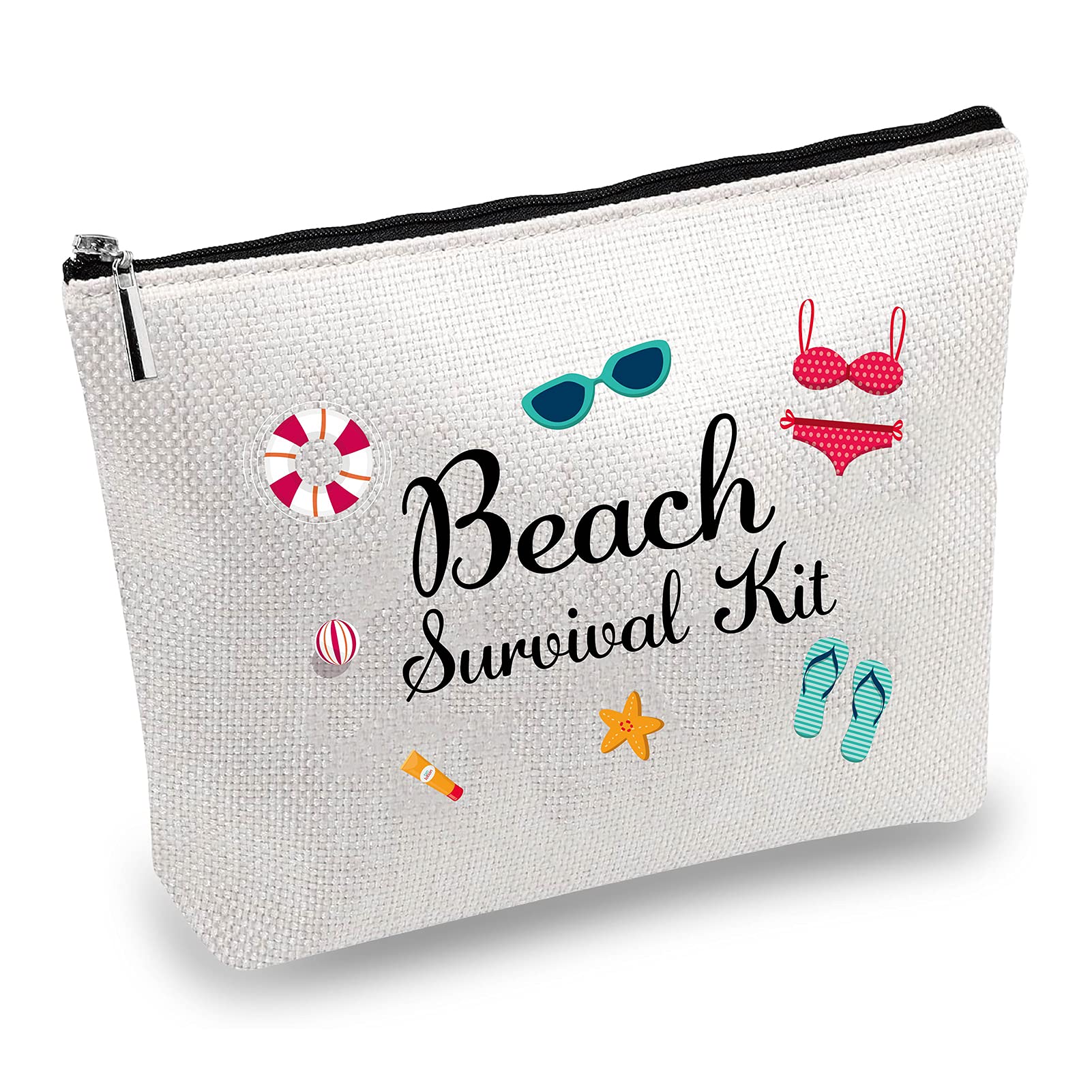 CREATCABIN Canvas Make Up Bags Printed Cosmetic Beach Survival Kit Bag DIY Craft Multi-Function Pouches with Zipper Toiletry Bag for Keys Headset Lipstick Card Women Pencil Case 10x7inch